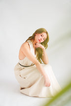 Isla V Neck Halter Dress with Belt in Beige
