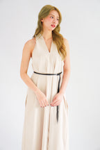 Isla V Neck Halter Dress with Belt in Beige