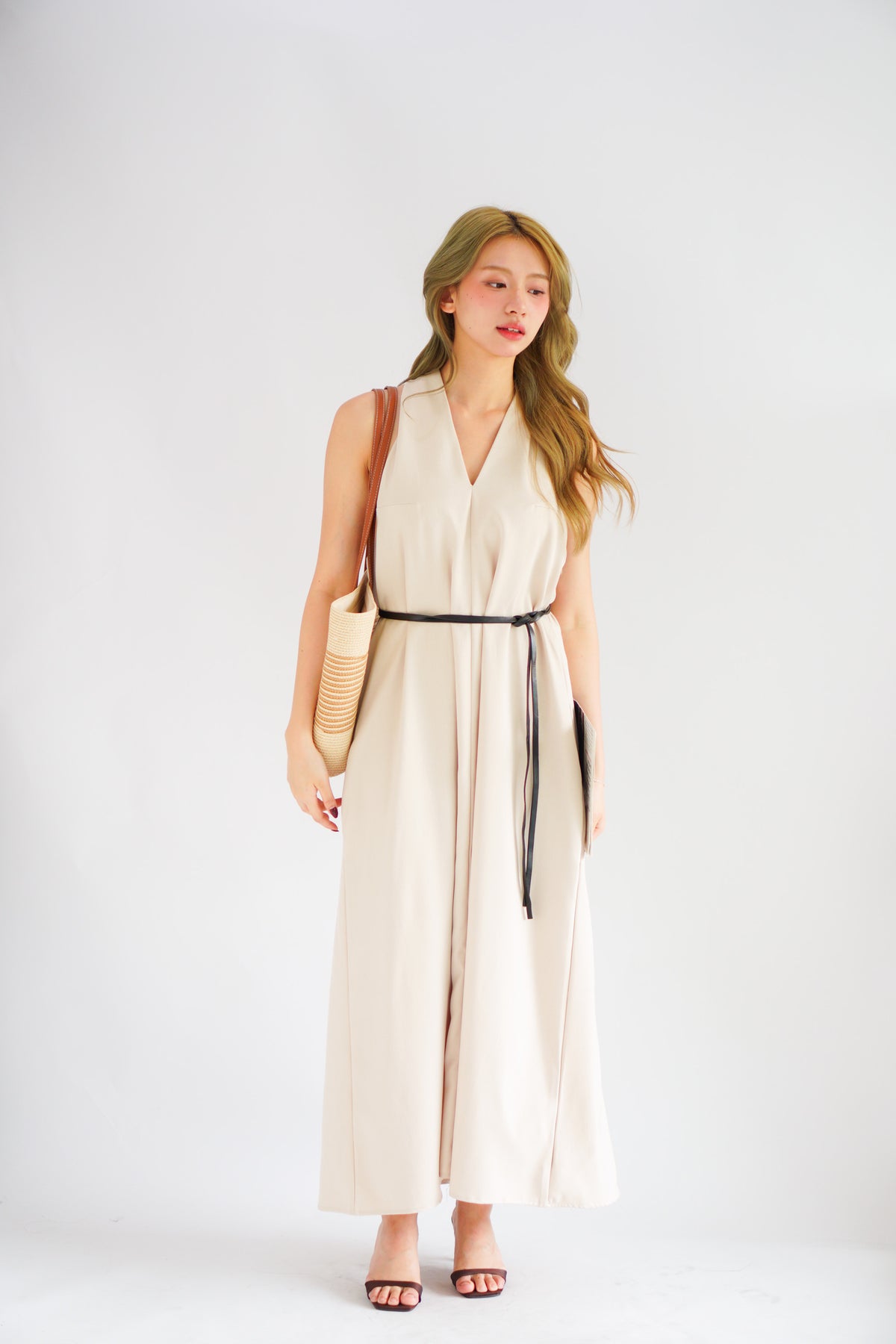 Isla V Neck Halter Dress with Belt in Beige