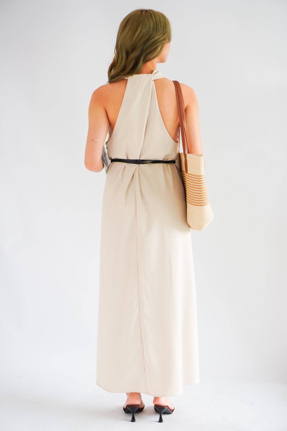 Isla V Neck Halter Dress with Belt in Beige