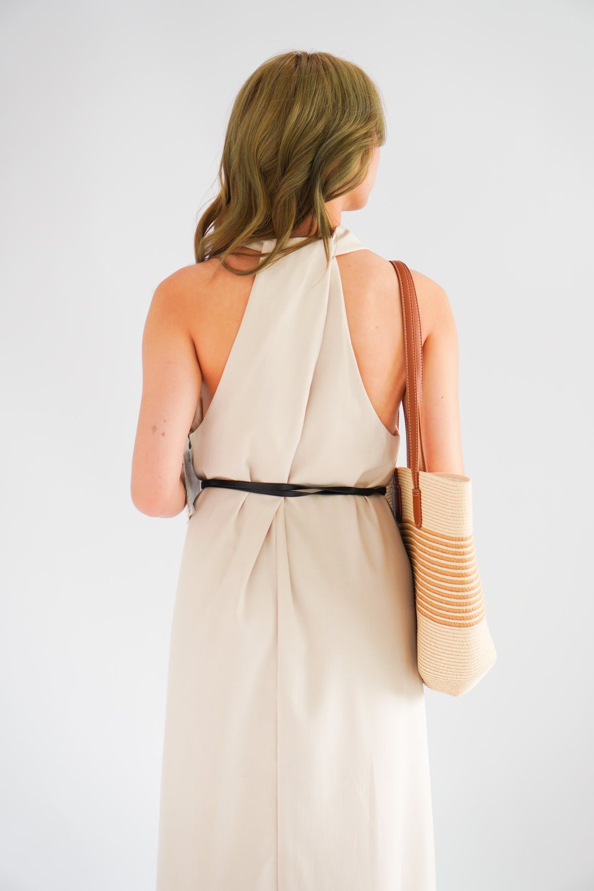 Isla V Neck Halter Dress with Belt in Beige