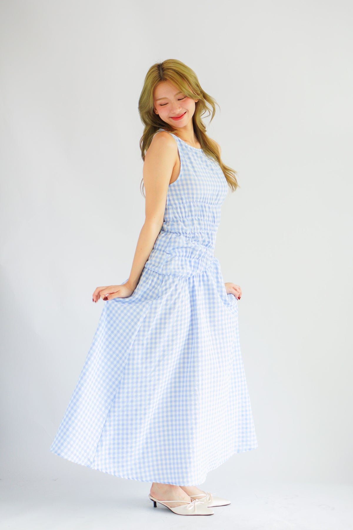 Seala Gingham High Neck Smocked Maxi Dress in Blue