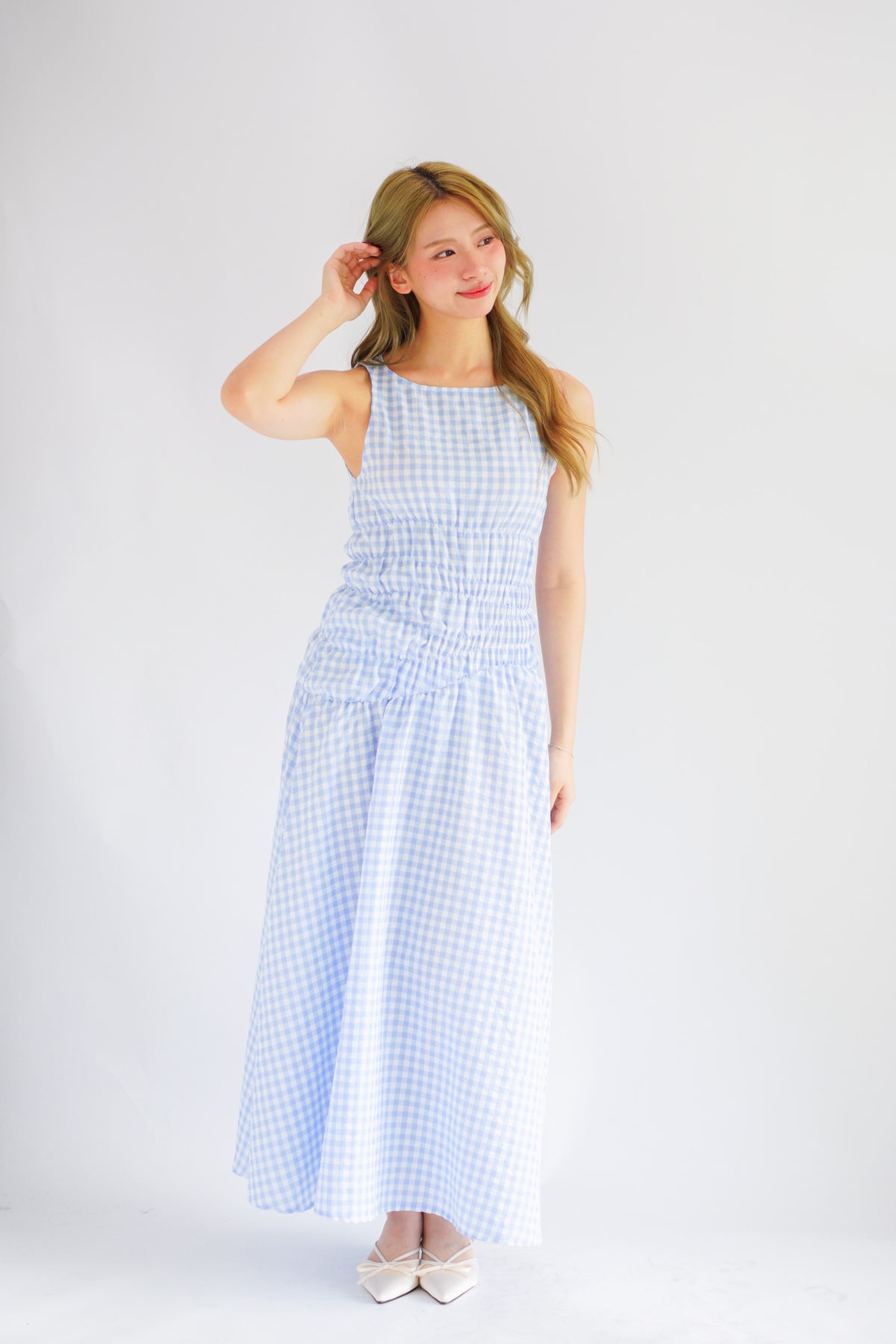 Seala Gingham High Neck Smocked Maxi Dress in Blue