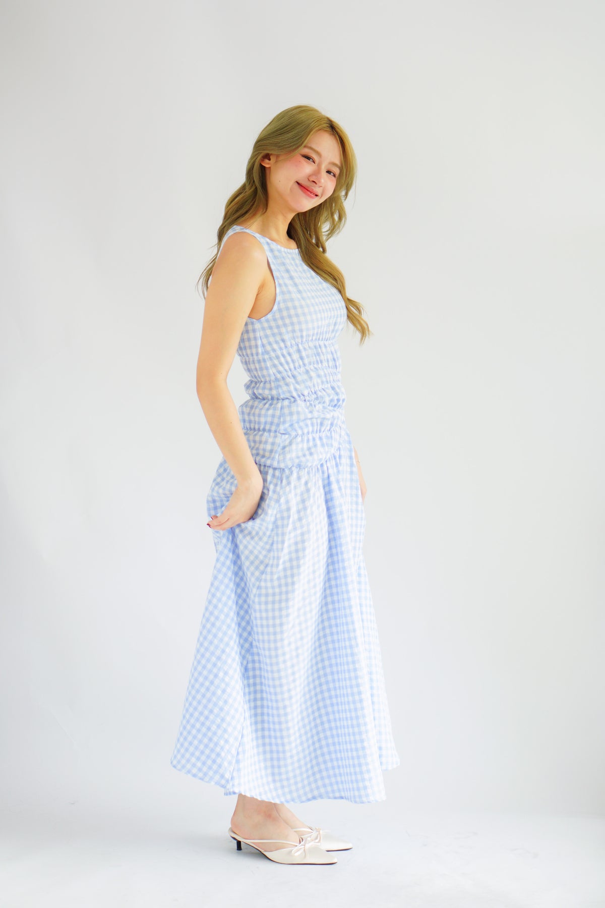 Seala Gingham High Neck Smocked Maxi Dress in Blue