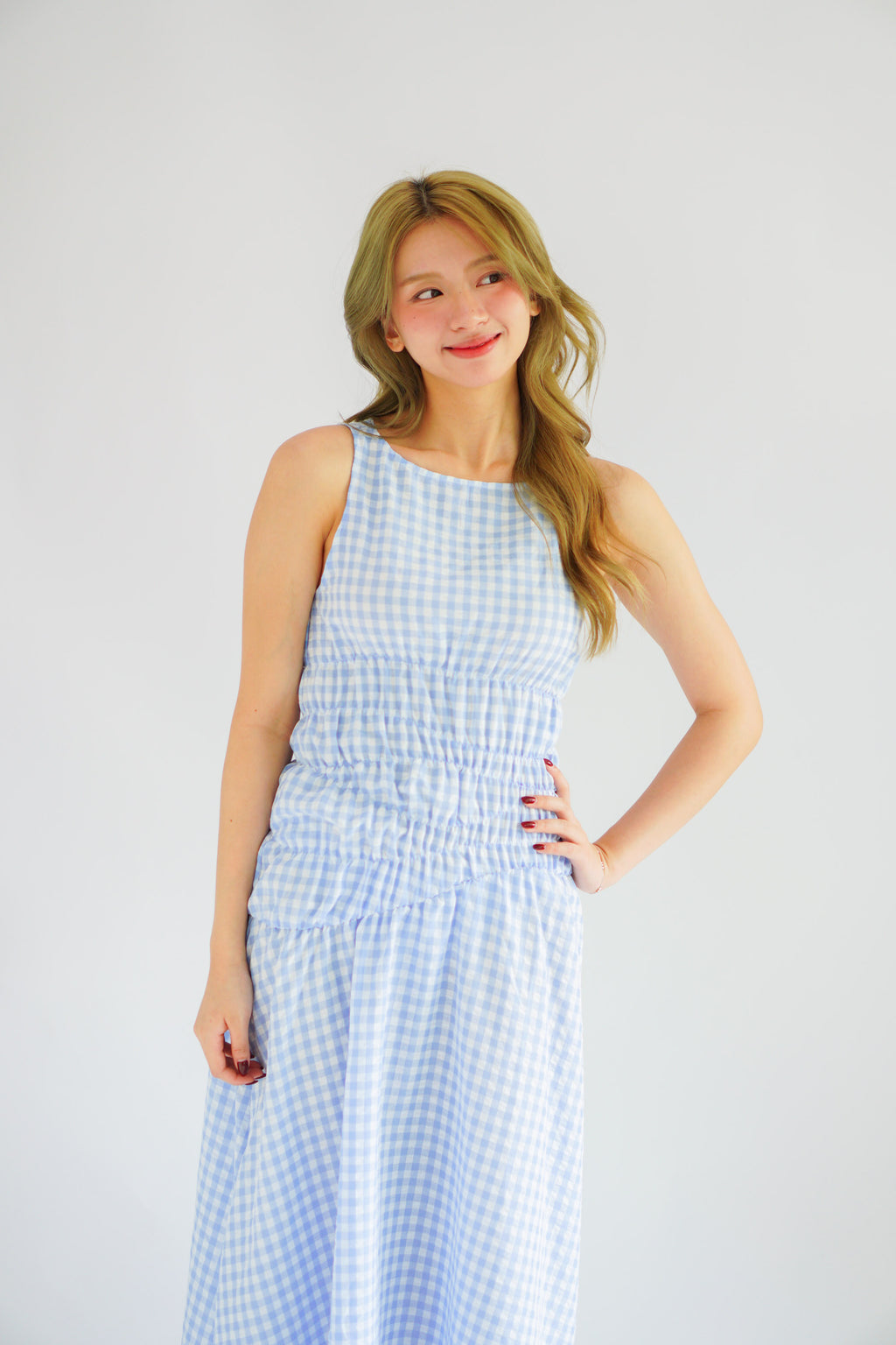 Seala Gingham High Neck Smocked Maxi Dress in Blue