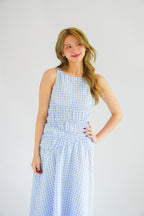 Seala Gingham High Neck Smocked Maxi Dress in Blue