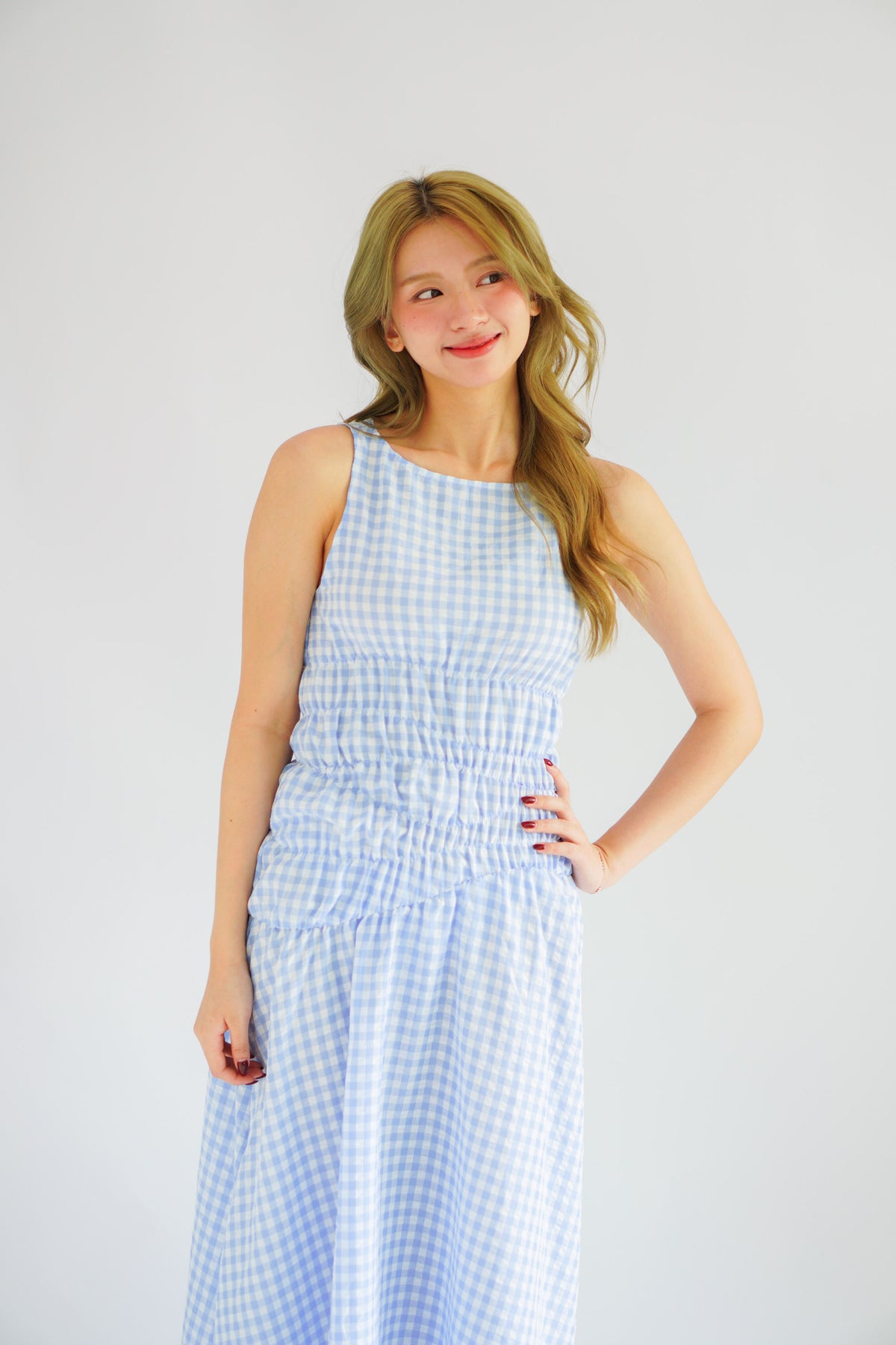 Seala Gingham High Neck Smocked Maxi Dress in Blue