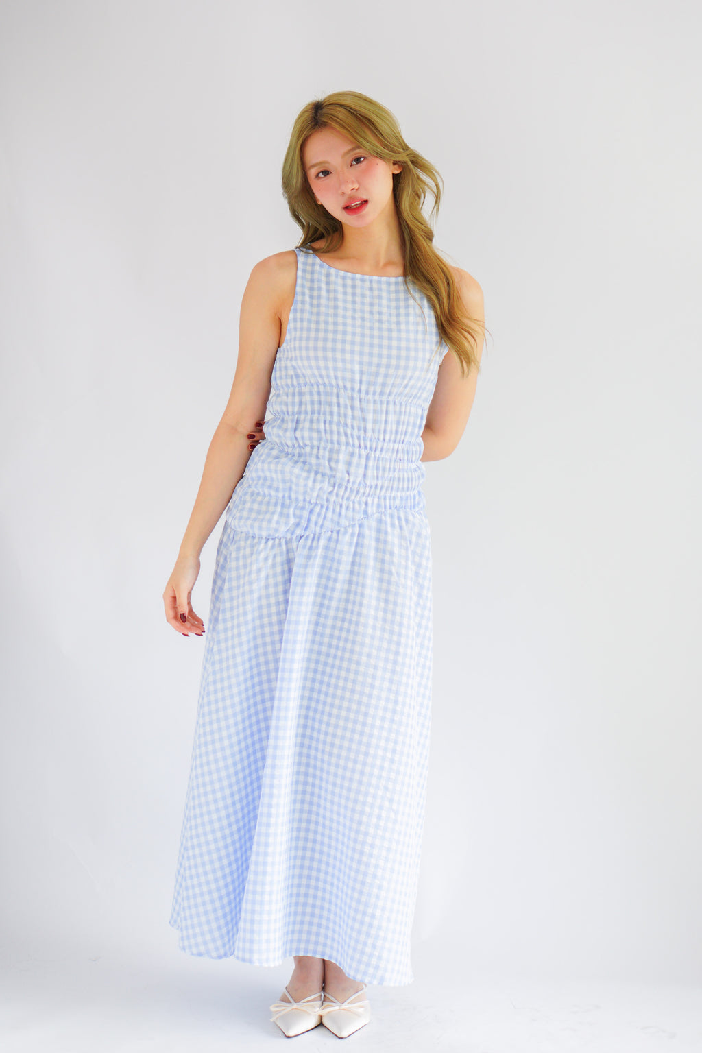Seala Gingham High Neck Smocked Maxi Dress in Blue
