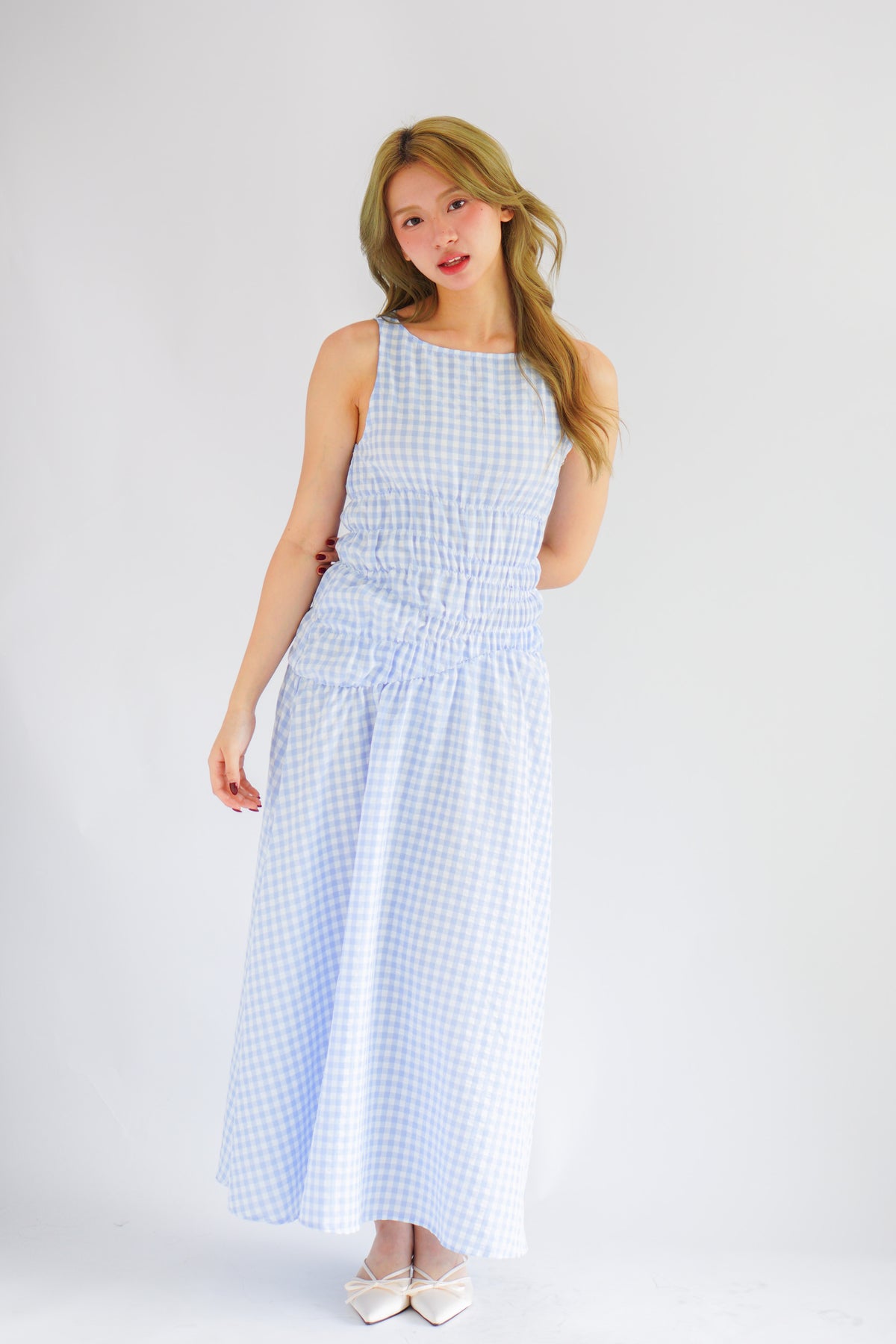 Seala Gingham High Neck Smocked Maxi Dress in Blue