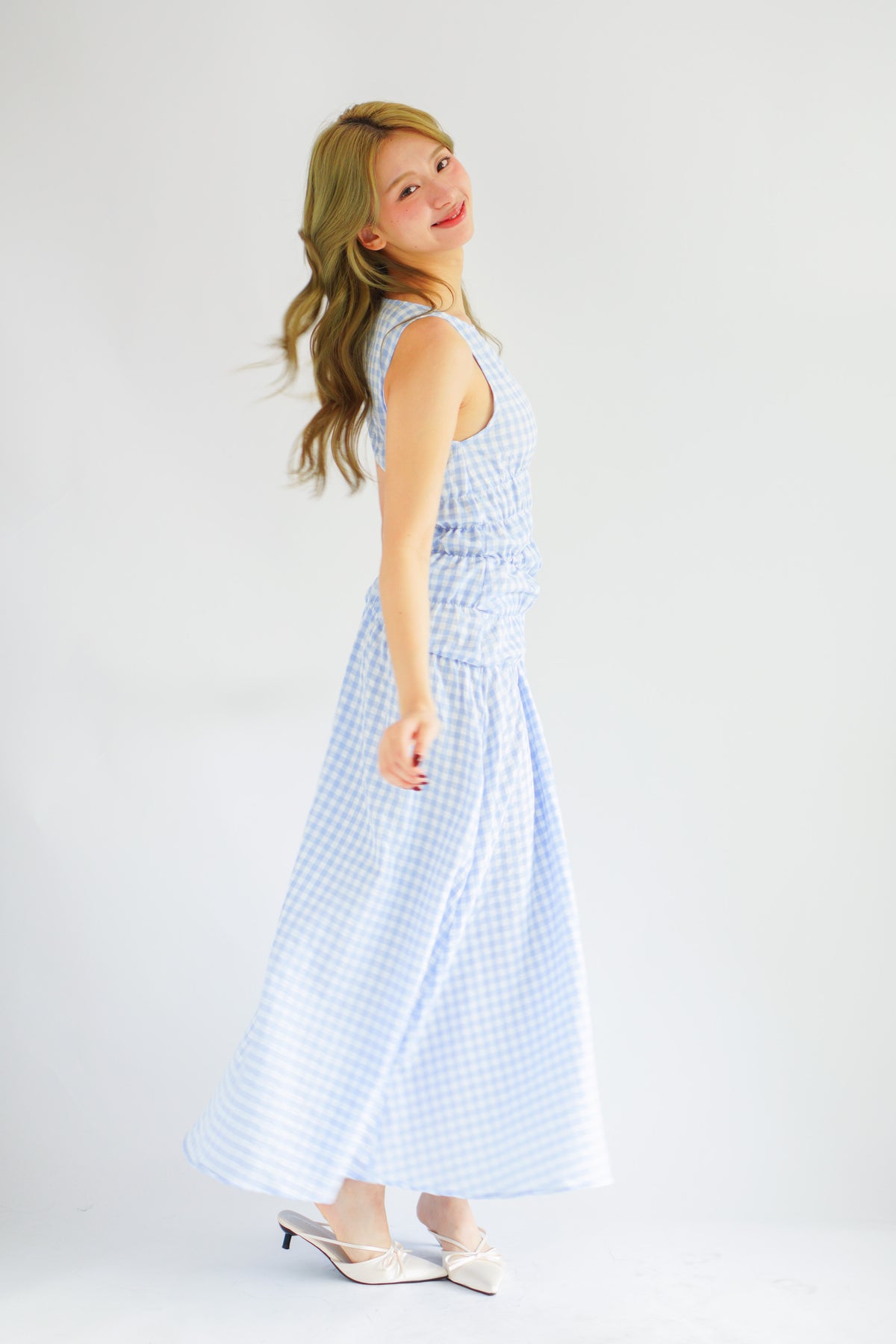 Seala Gingham High Neck Smocked Maxi Dress in Blue