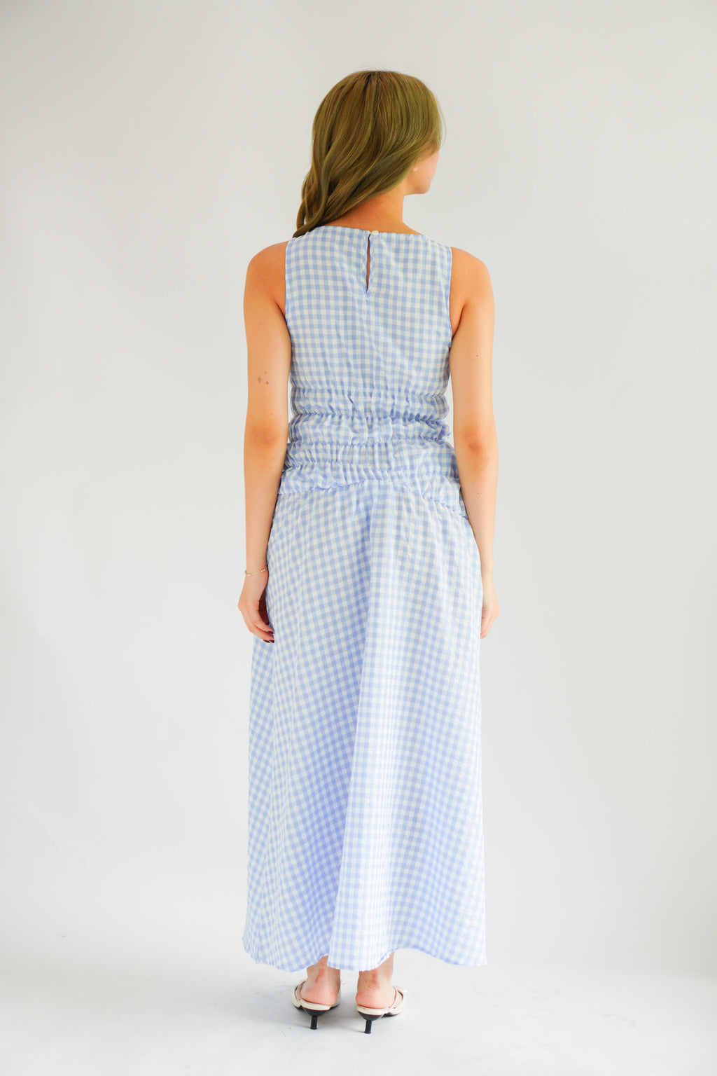 Seala Gingham High Neck Smocked Maxi Dress in Blue