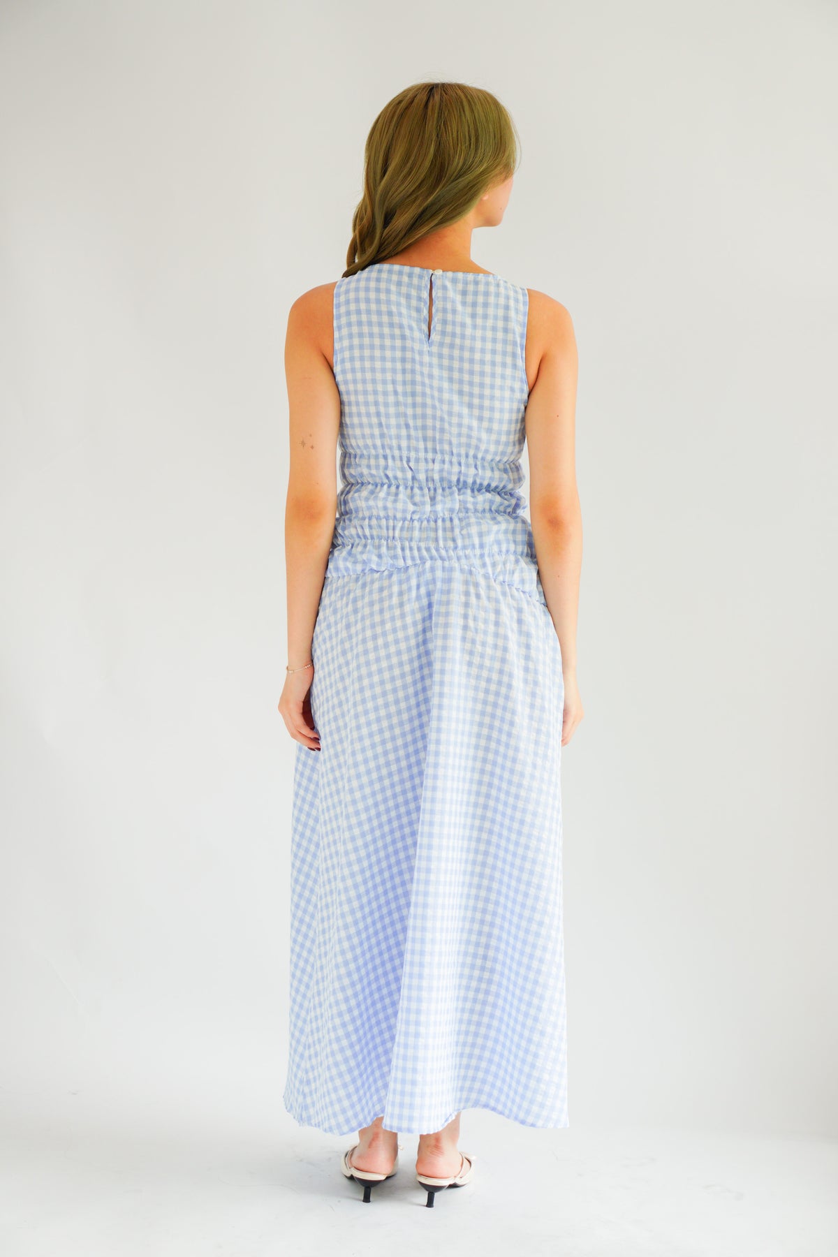 Seala Gingham High Neck Smocked Maxi Dress in Blue