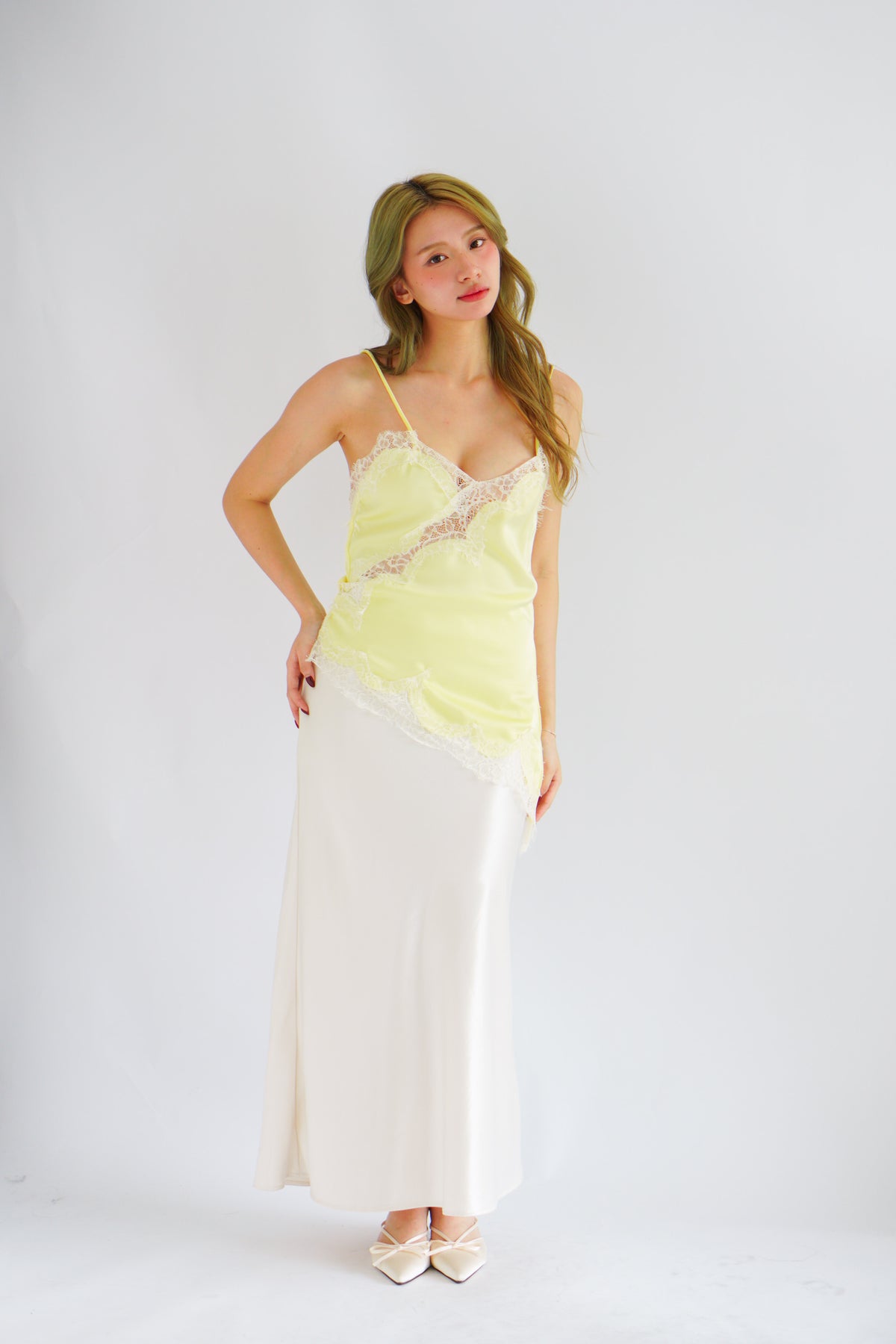 Zinira Asymmetrical Lace Camisole Top in Yellow
