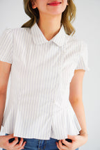 Karia Stripes Short Sleeves Collar Top in White