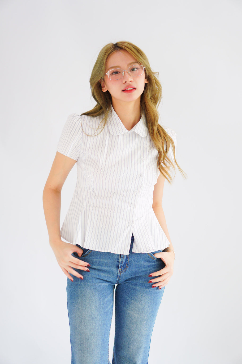 Karia Stripes Short Sleeves Collar Top in White