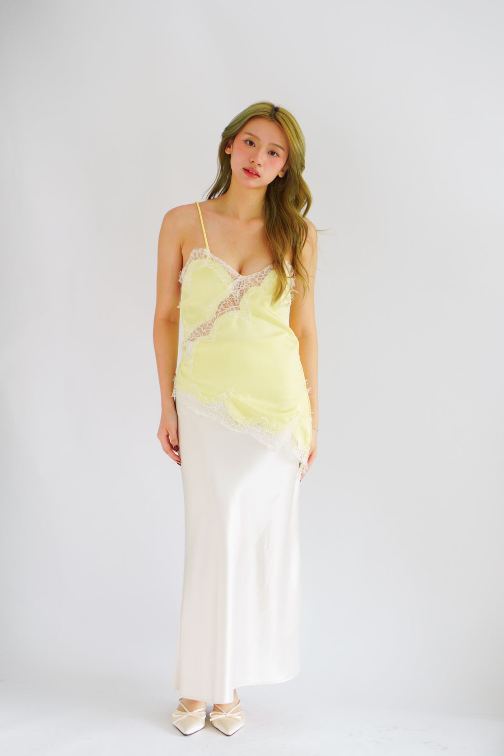 Zinira Asymmetrical Lace Camisole Top in Yellow