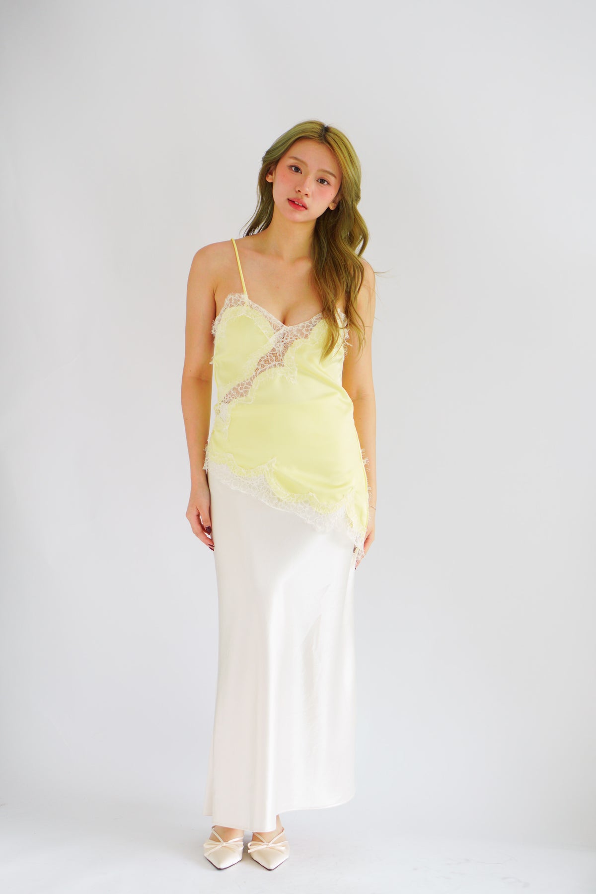 Zinira Asymmetrical Lace Camisole Top in Yellow