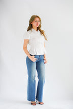 Karia Stripes Short Sleeves Collar Top in White