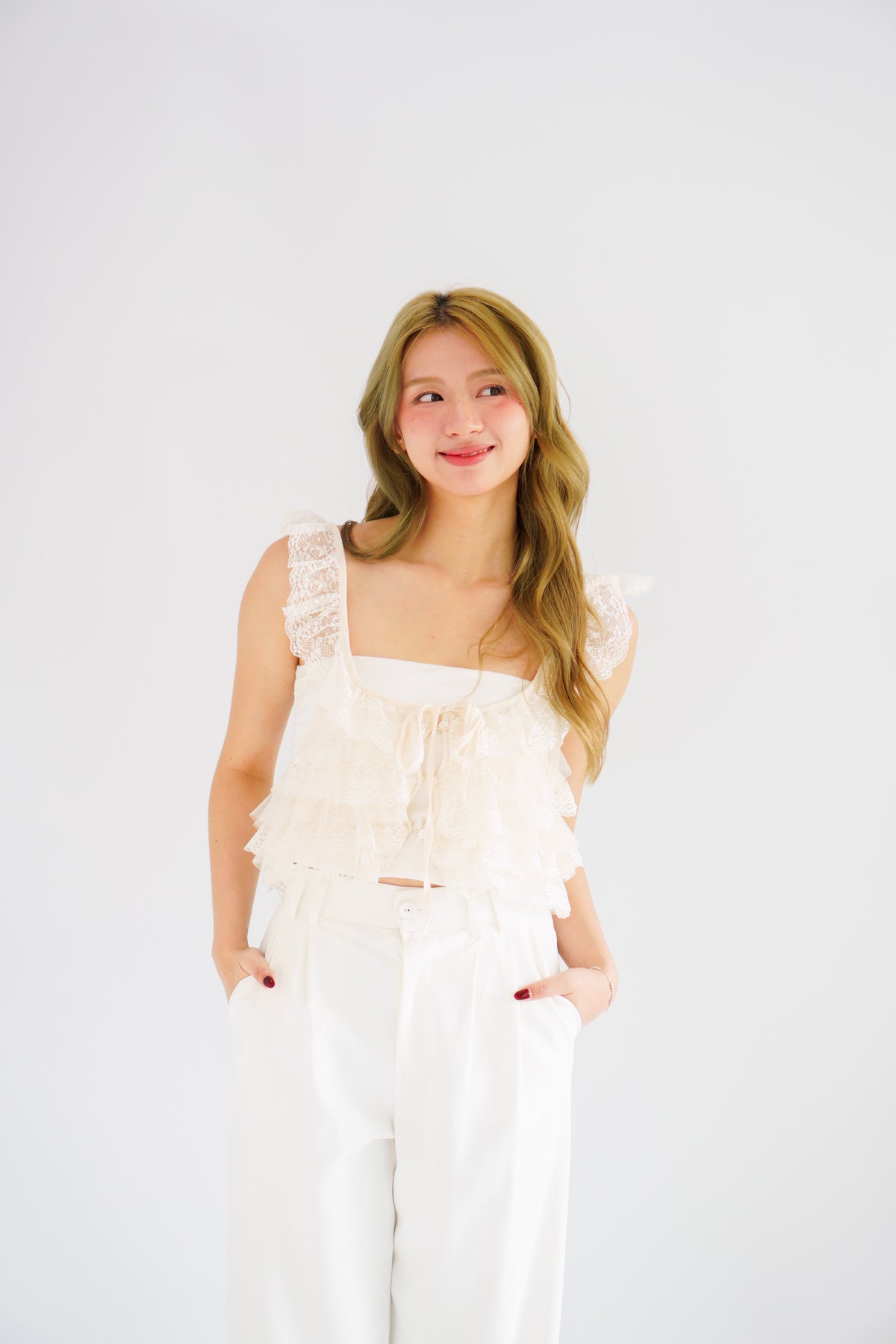Yumi Layered Crop Lace Top in Cream