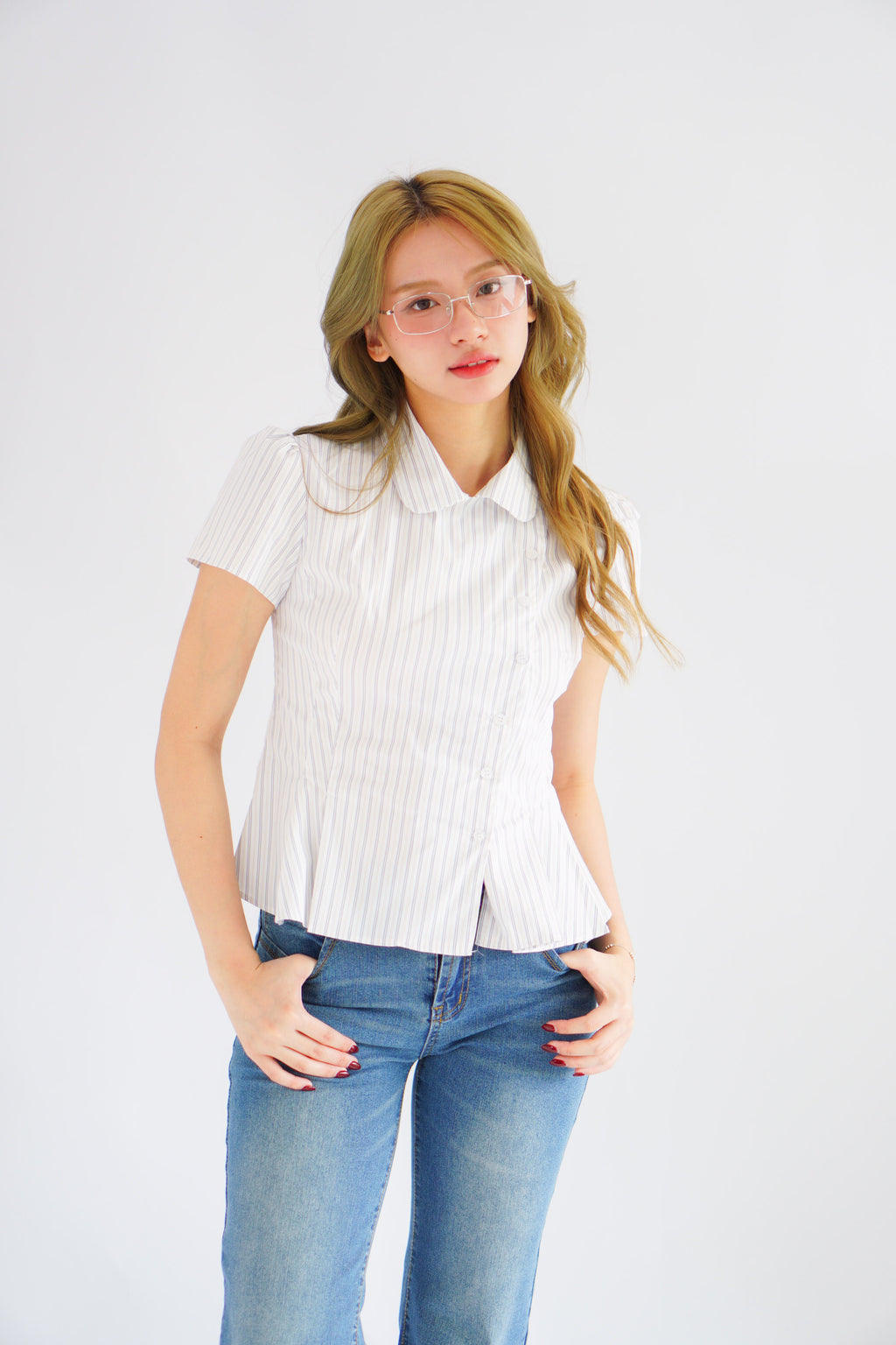 Karia Stripes Short Sleeves Collar Top in White
