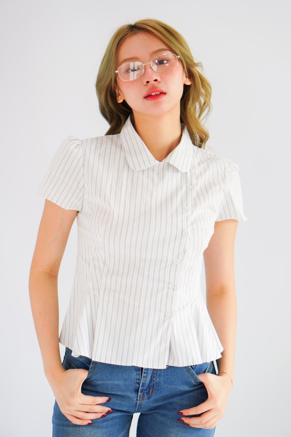 Karia Stripes Short Sleeves Collar Top in White