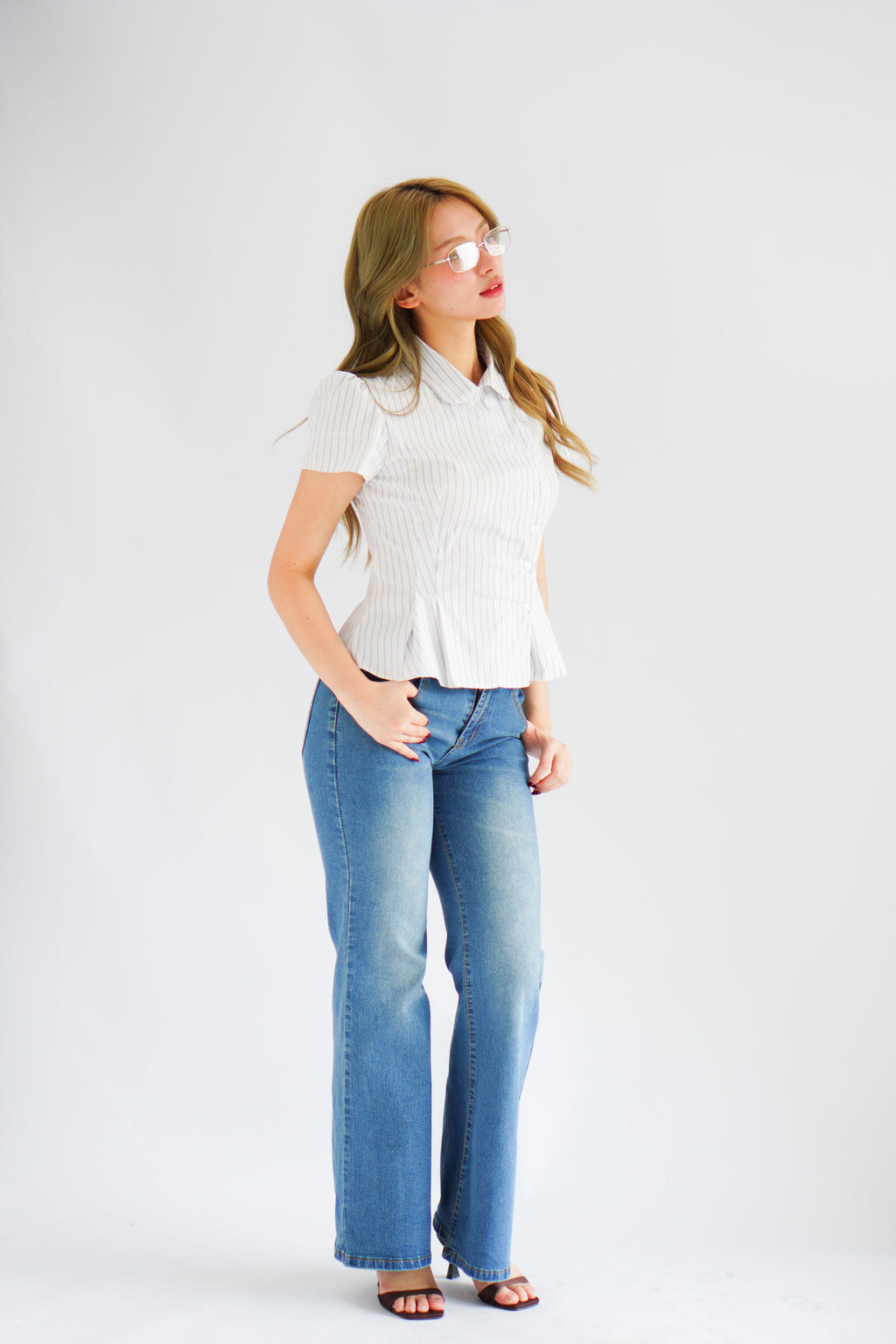Karia Stripes Short Sleeves Collar Top in White