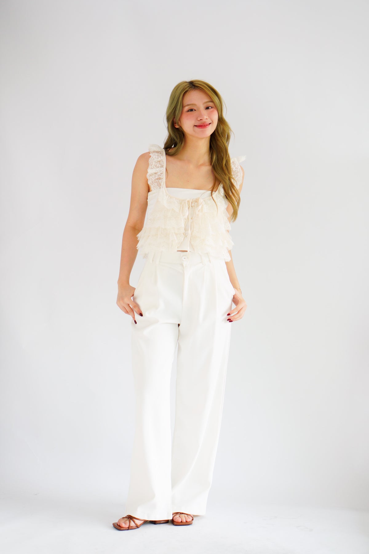 Yumi Layered Crop Lace Top in Cream