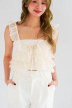 Yumi Layered Crop Lace Top in Cream
