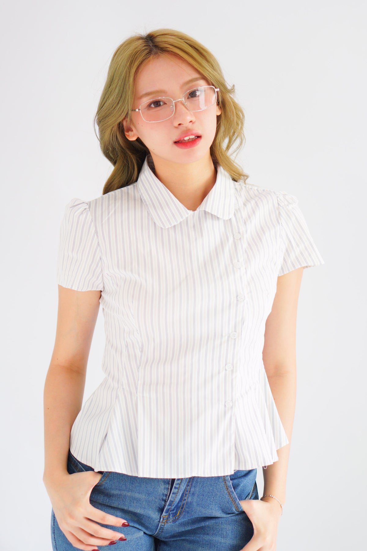 Karia Stripes Short Sleeves Collar Top in White