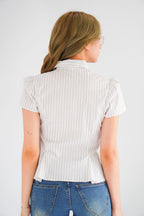 Karia Stripes Short Sleeves Collar Top in White