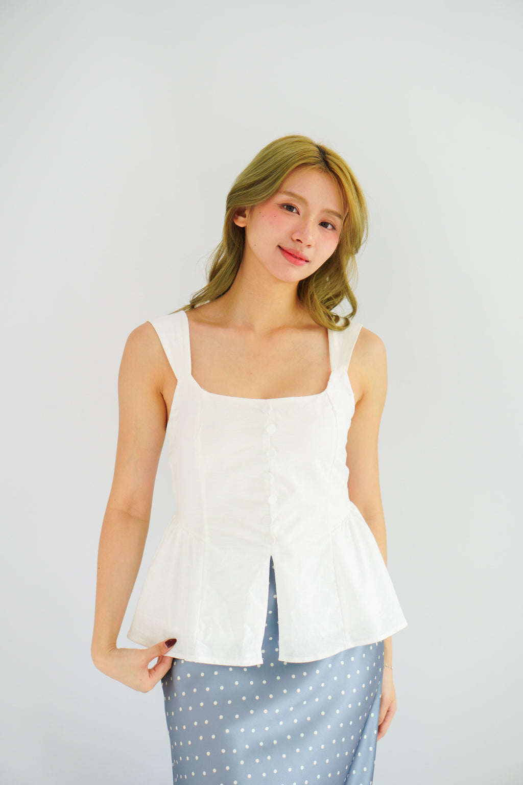 Amalie Linen Button Down Peplum Top in White