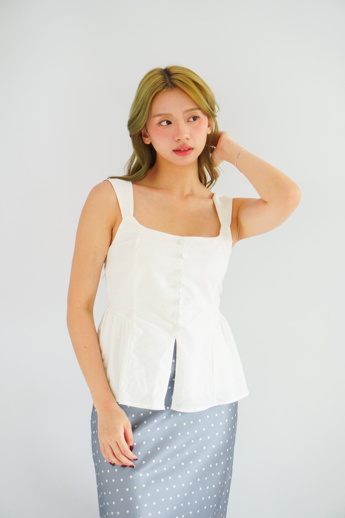 Amalie Linen Button Down Peplum Top in White