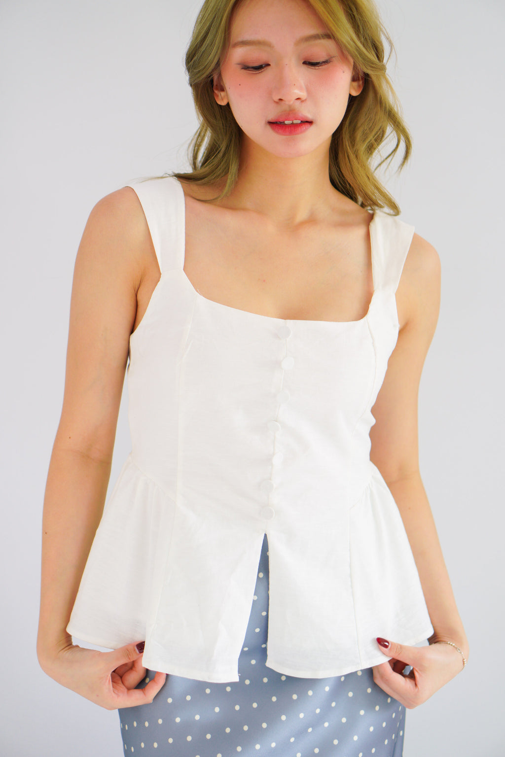 Amalie Linen Button Down Peplum Top in White