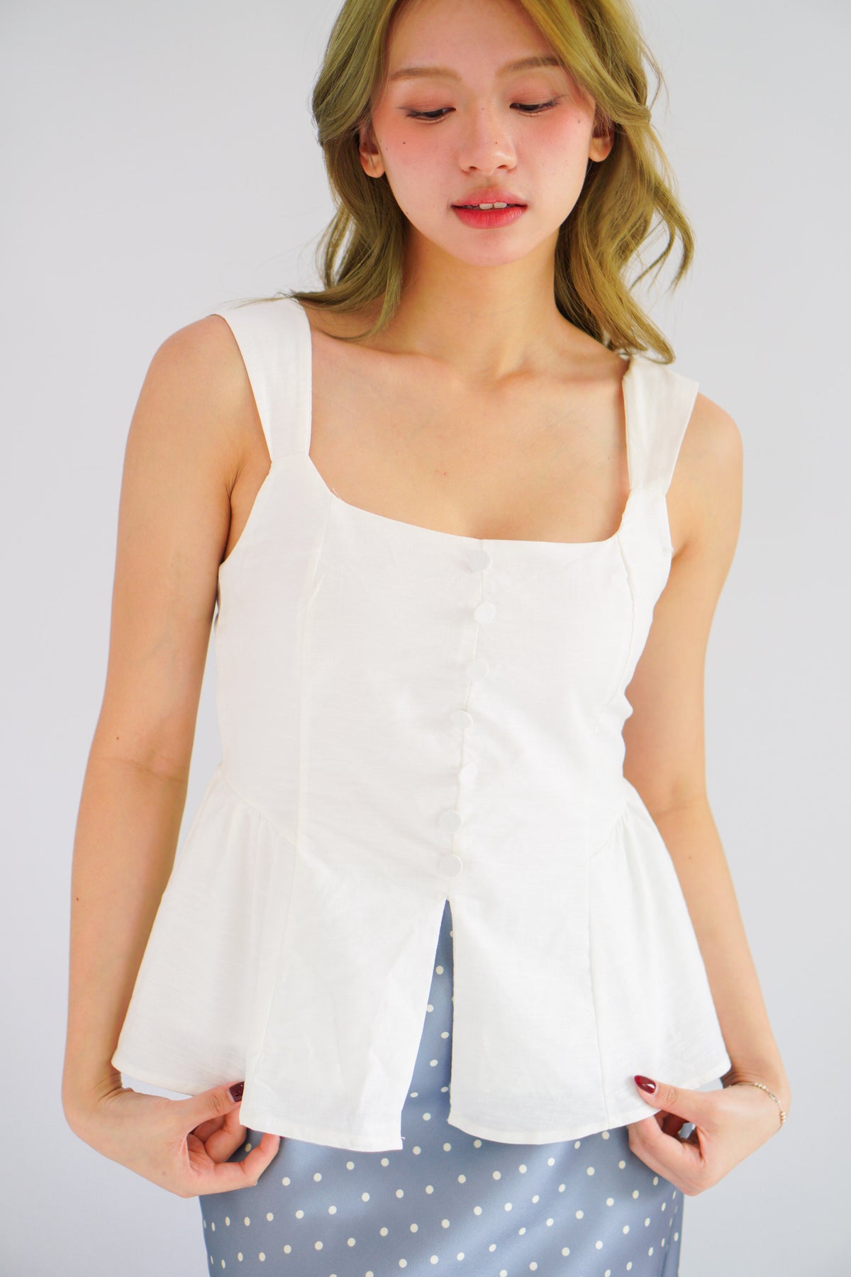 Amalie Linen Button Down Peplum Top in White