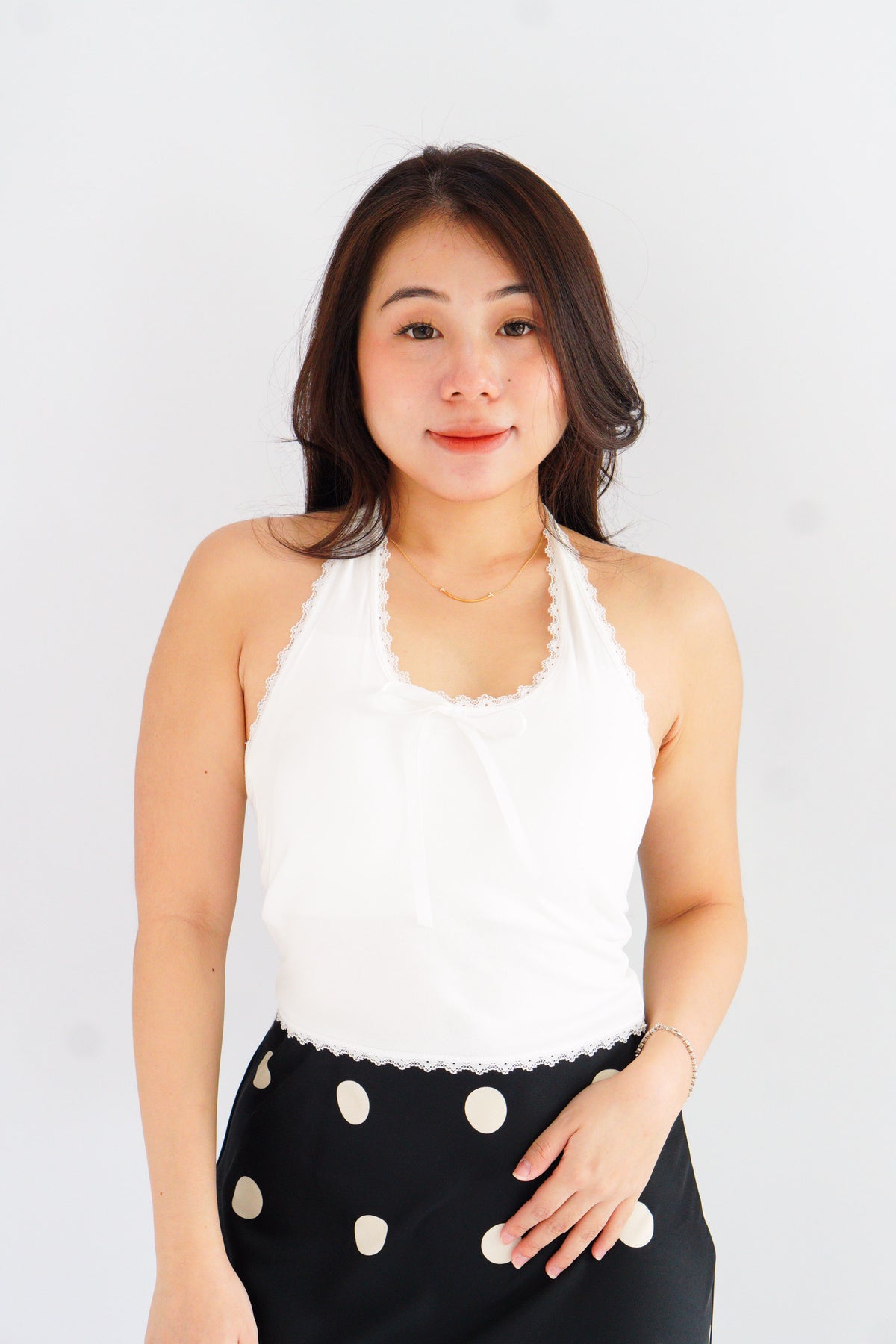 Dottie Padded Halter Lace Ribbon Top in White