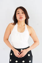 Dottie Padded Halter Lace Ribbon Top in White