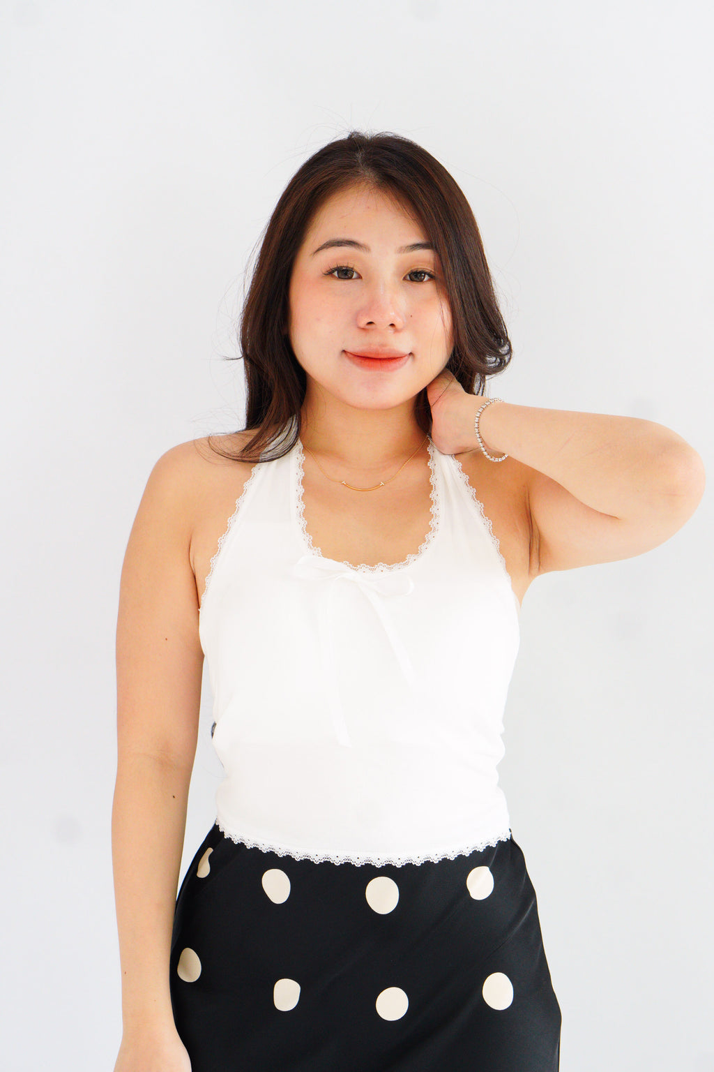 Dottie Padded Halter Lace Ribbon Top in White