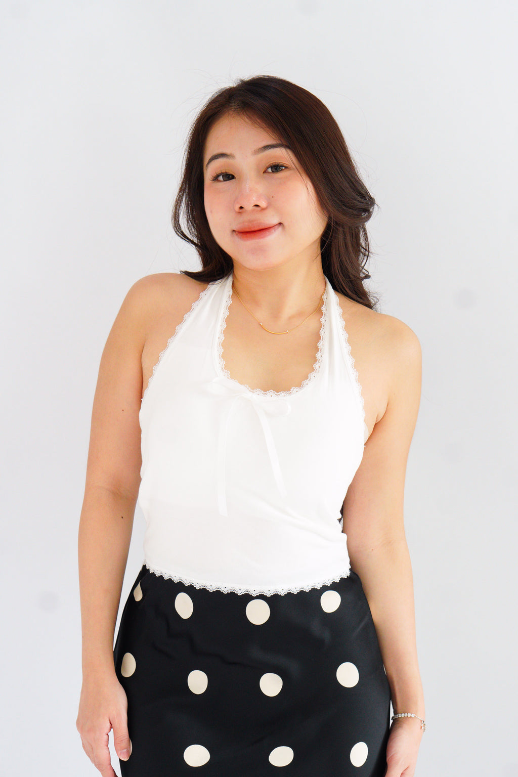 Dottie Padded Halter Lace Ribbon Top in White
