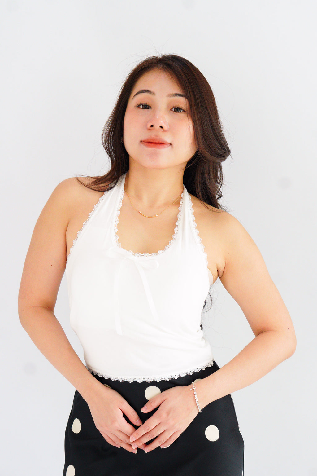 Dottie Padded Halter Lace Ribbon Top in White