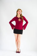 Veya Front Tie Cutout Long Sleeve Top in Maroon