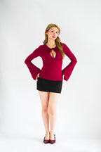 Veya Front Tie Cutout Long Sleeve Top in Maroon