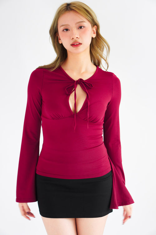 Veya Front Tie Cutout Long Sleeve Top in Maroon
