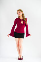 Veya Front Tie Cutout Long Sleeve Top in Maroon