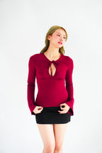 Veya Front Tie Cutout Long Sleeve Top in Maroon