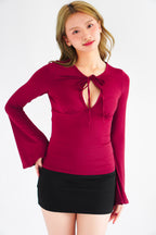Veya Front Tie Cutout Long Sleeve Top in Maroon