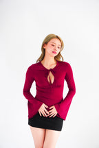 Veya Front Tie Cutout Long Sleeve Top in Maroon