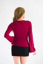 Veya Front Tie Cutout Long Sleeve Top in Maroon