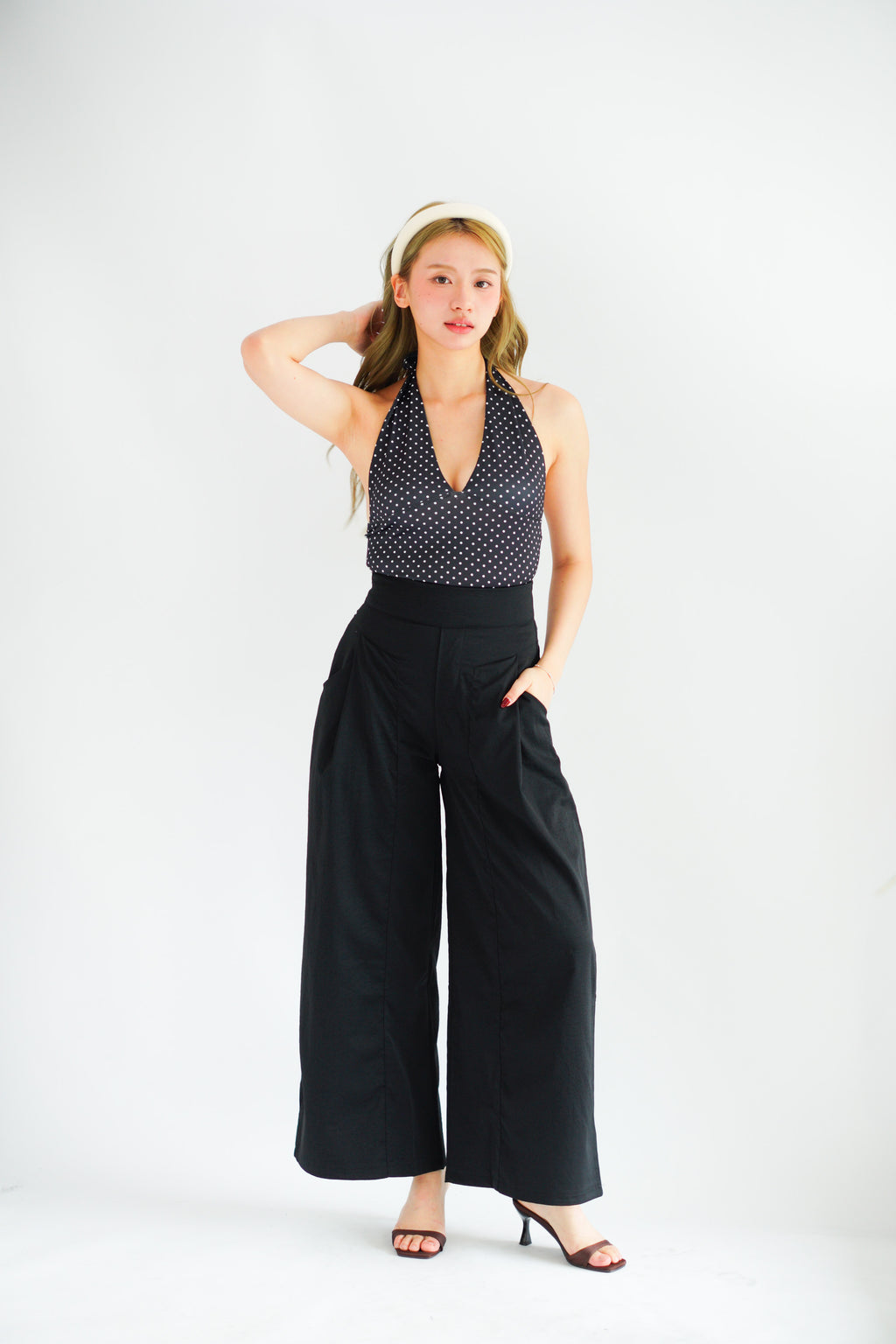 Enva Self Tied Halter Neck Polkadot Top in Black