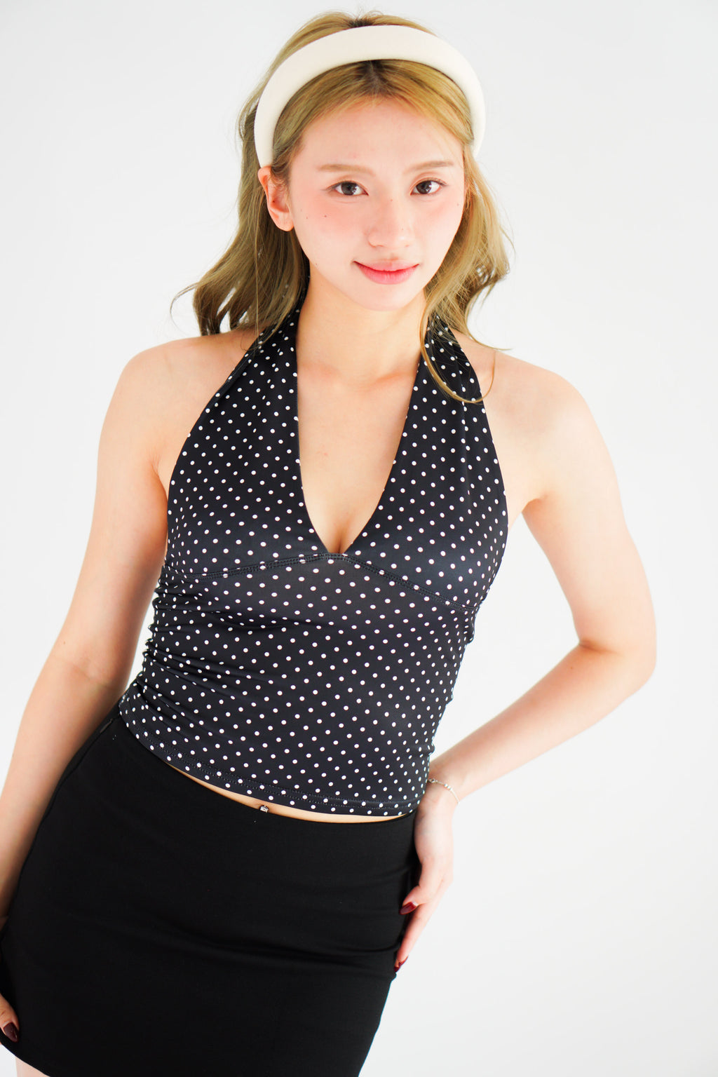 Enva Self Tied Halter Neck Polkadot Top in Black