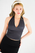 Enva Self Tied Halter Neck Polkadot Top in Black